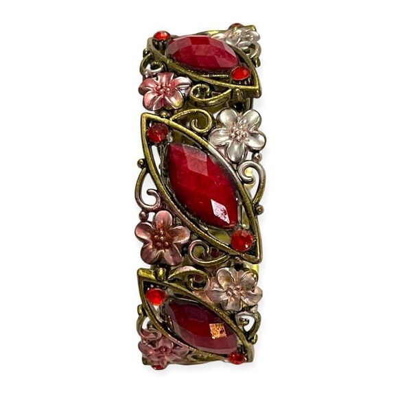 Vintage Victorian Enamel Red Crystal Floral Metal Cuff Bracelet - Picture 1 of 7